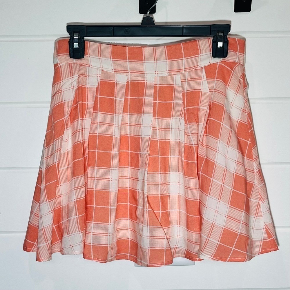 Promesa Plaid Mini Skirt Women M Orange White Pleated Preppy Academia Schoolgirl